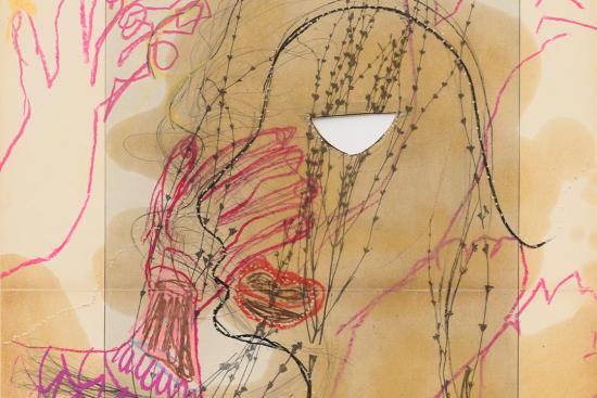 Pélagie Gbaguidi, Chaîne humaine, 2022, pastel gras, huile et crayon de couleur sur papier / wax pastel, grease and coloured pencil on paper, 55 x 36,5 cm, courtesy of the artist, collection Kunstmuseum Basel © Peter Cox